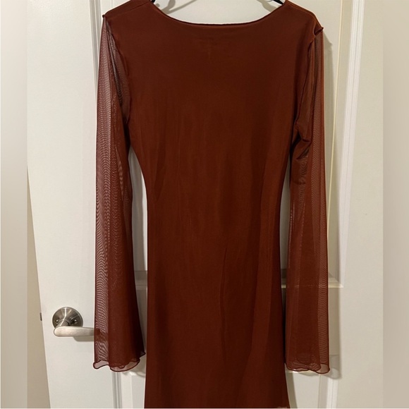 Princess Polly Brown Mesh Sleeve Cutout Tie Front Mini Dress | US 6 - Picture 5 of 5